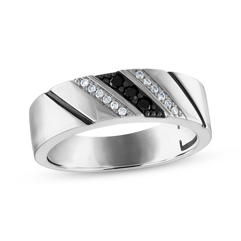 Men's Black & White Diamond Diagonal Wedding Band 1/6 ct tw 10K White Gold