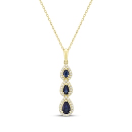 Pear-Shaped Natural Blue Sapphire & Diamond Teardrop Three-Stone Necklace 1/5 ct tw 10K Yellow Gold 18&quot;