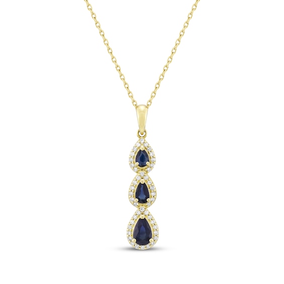 Pear-Shaped Natural Blue Sapphire & Diamond Teardrop Three-Stone Necklace 1/5 ct tw 10K Yellow Gold 18"