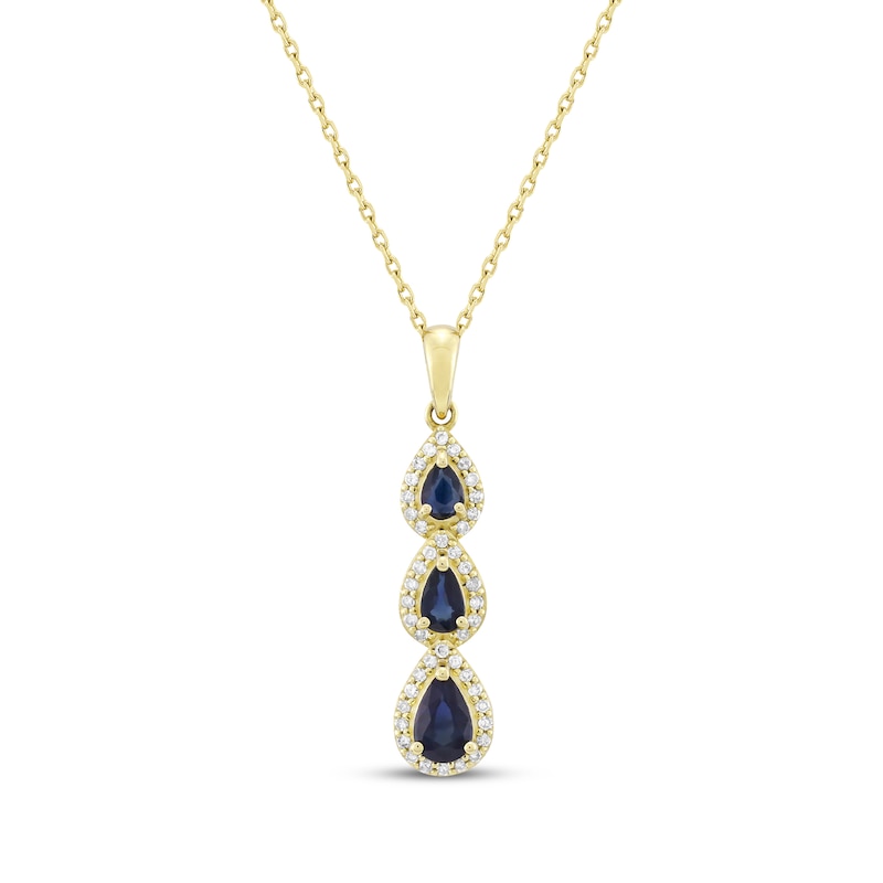 Main Image 1 of Pear-Shaped Natural Blue Sapphire & Diamond Teardrop Three-Stone Necklace 1/5 ct tw 10K Yellow Gold 18&quot;