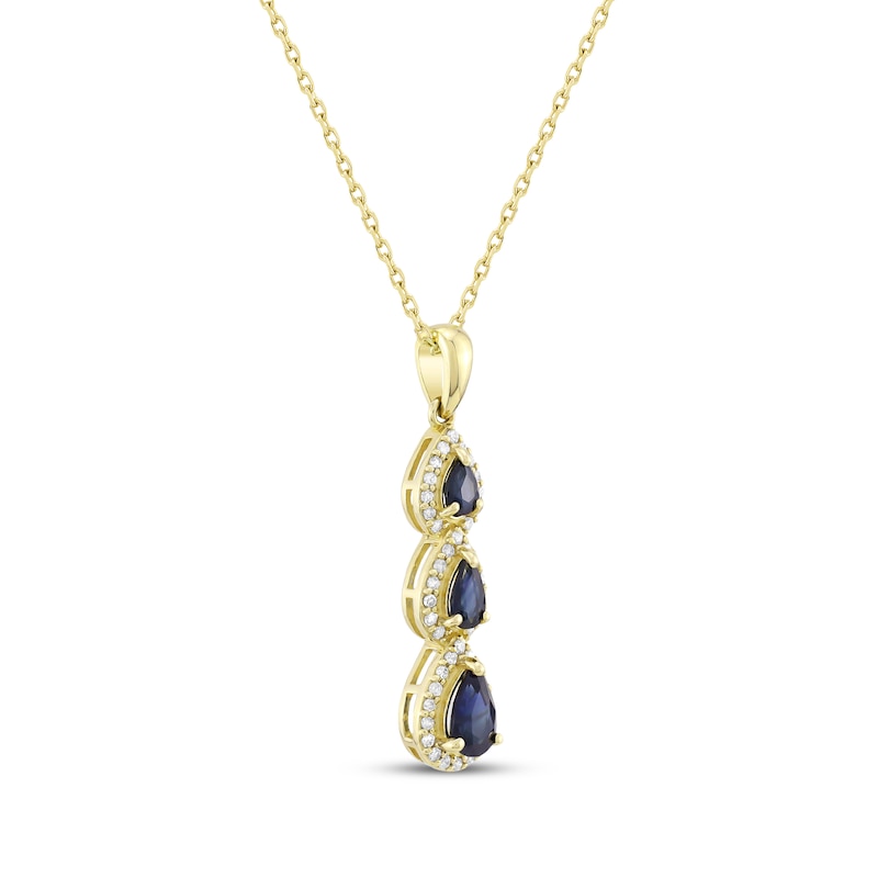 Main Image 2 of Pear-Shaped Natural Blue Sapphire & Diamond Teardrop Three-Stone Necklace 1/5 ct tw 10K Yellow Gold 18&quot;