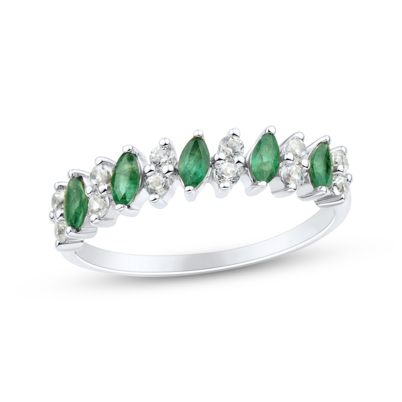 Main Image 1 of Marquise-Cut Natural Emerald & Diamond Anniversary Ring 1/5 ct tw 10K White Gold