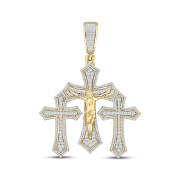 Men's Diamond Three Crosses Crucifix Charm 2 ct tw 10K Yellow Gold