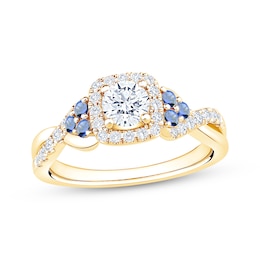 Now + Forever Round-Cut Diamond & Natural Blue Sapphire Engagement Ring 3/4 ct tw 14K Yellow Gold