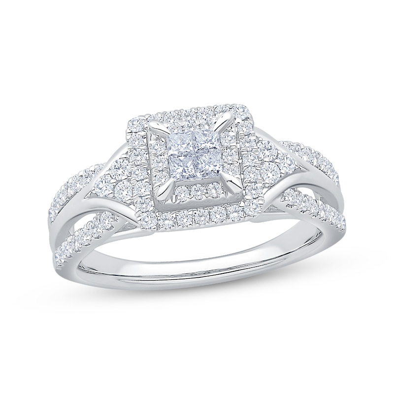 Main Image 1 of Now + Forever Princess-Cut Quad Diamond Double Halo Engagement Ring 5/8 ct tw 14K White Gold