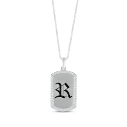 Men's Diamond Accent Dog Tag Medieval Script Initial Necklace Sterling Silver 22&quot;