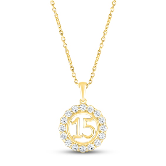 White Lab-Created Sapphire Quinceañera Birthstone Necklace 10K Yellow Gold 18"
