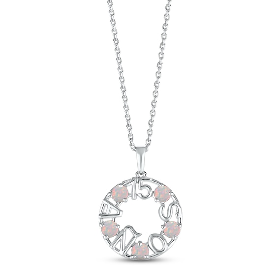 Lab-Created Opal "15 Años" Birthstone Necklace Sterling Silver 18"