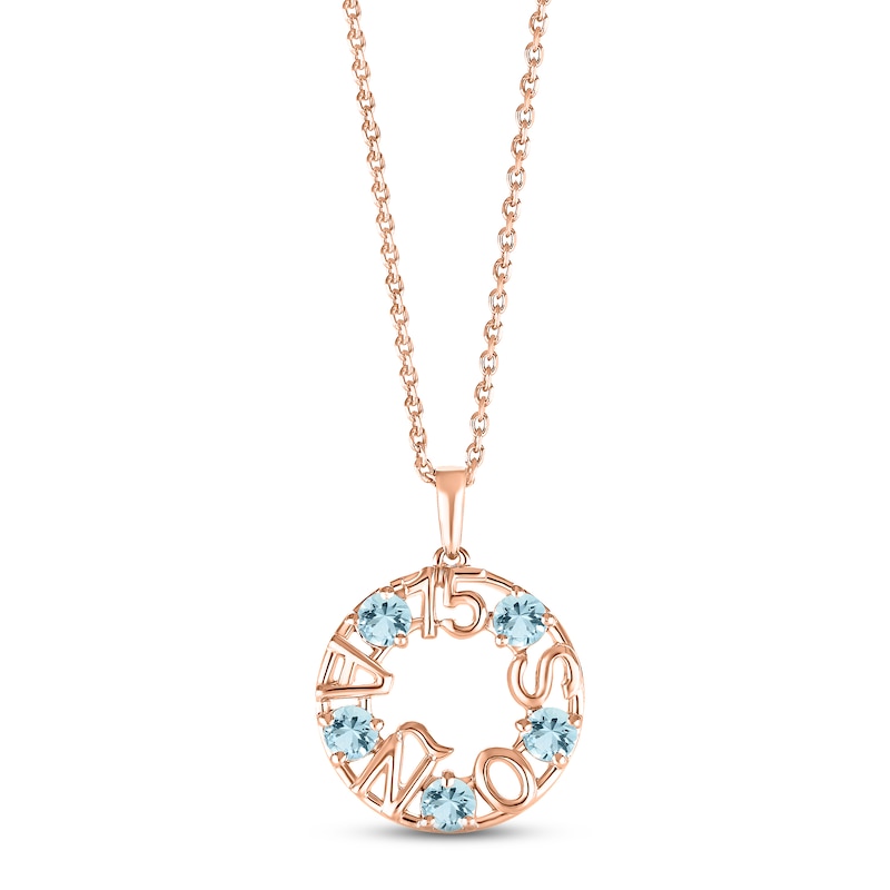Aquamarine "15 Años" Birthstone Necklace 10K Rose Gold 18"