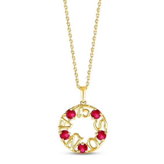 Lab-Created Ruby "15 Años" Birthstone Necklace 10K Yellow Gold 18"