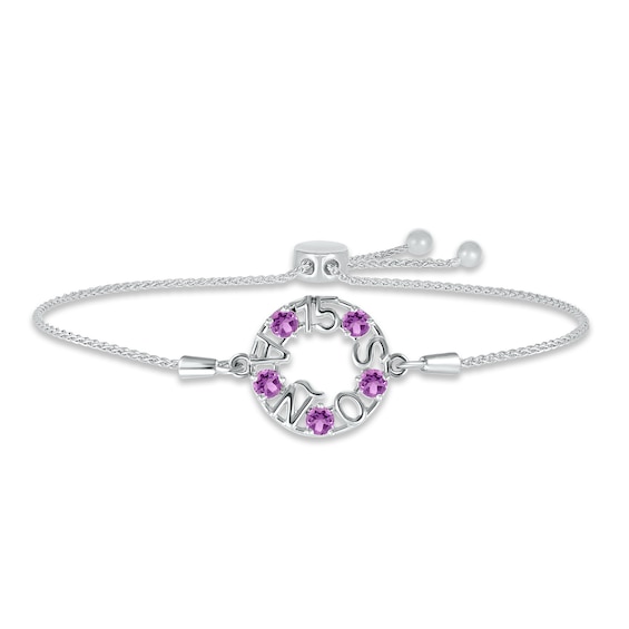 Amethyst "15 Años" Birthstone Bolo Bracelet Sterling Silver 9.5"