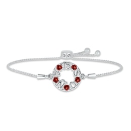 Garnet &quot;15 Años&quot; Birthstone Bolo Bracelet Sterling Silver 9.5&quot;