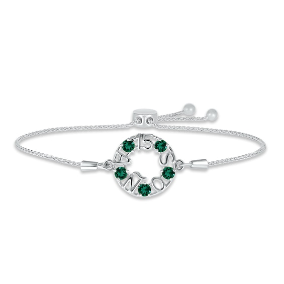 Lab-Created Emerald "15 Años" Birthstone Bolo Bracelet Sterling Silver 9.5"