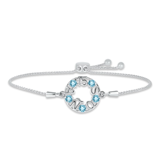 Swiss Blue Topaz "15 Años" Birthstone Bolo Bracelet Sterling Silver 9.5"