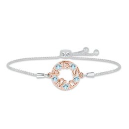 Aquamarine &quot;15 Años&quot; Birthstone Bolo Bracelet Sterling Silver & 10K Rose Gold 9.5&quot;