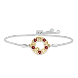 Garnet &quot;15 Años&quot; Birthstone Bolo Bracelet Sterling Silver & 10K Yellow Gold 9.5&quot;