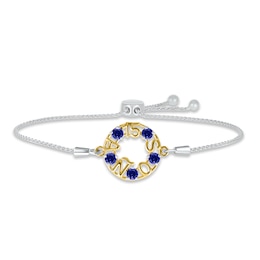 Blue Lab-Created Sapphire &quot;15 Años&quot; Birthstone Bolo Bracelet Sterling Silver & 10K Yellow Gold 9.5&quot;