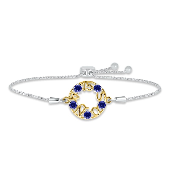 Blue Lab-Created Sapphire "15 Años" Birthstone Bolo Bracelet Sterling Silver & 10K Yellow Gold 9.5"