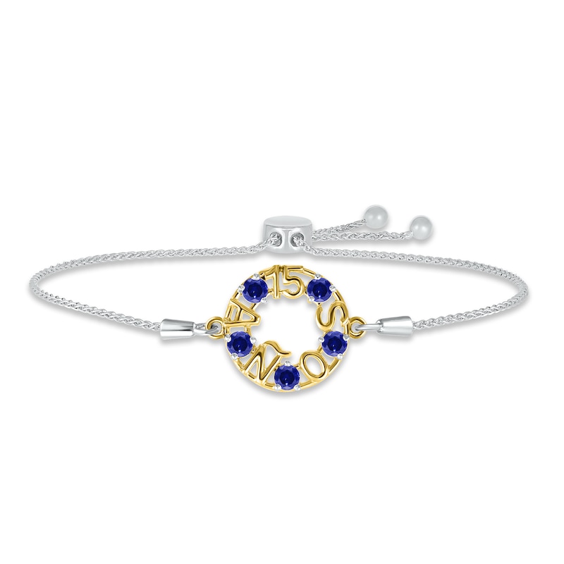 Main Image 1 of Blue Lab-Created Sapphire &quot;15 Años&quot; Birthstone Bolo Bracelet Sterling Silver & 10K Yellow Gold 9.5&quot;