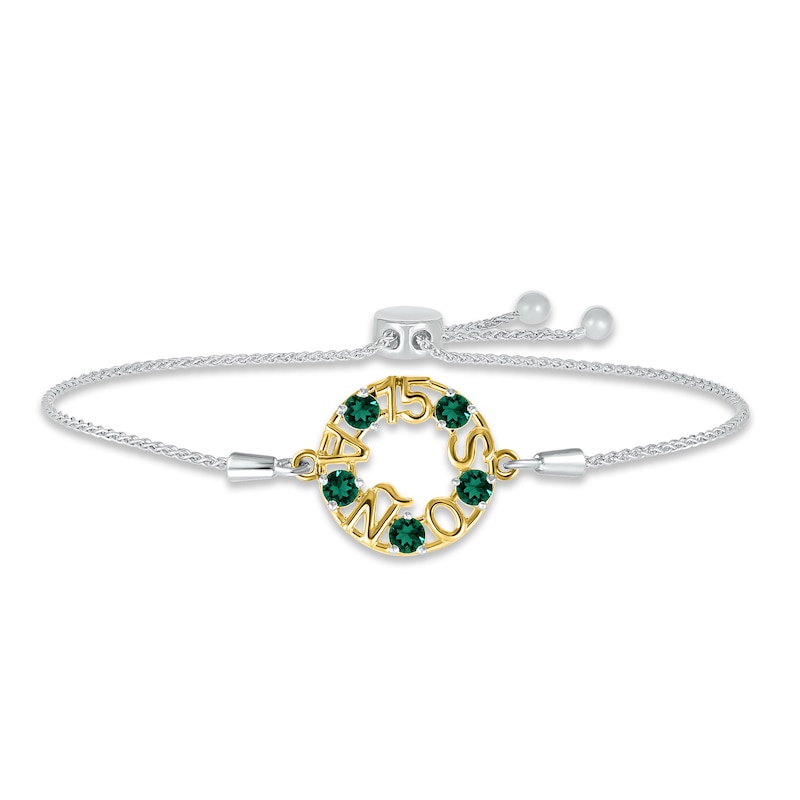 Main Image 1 of Lab-Created Emerald &quot;15 Años&quot; Birthstone Bolo Bracelet Sterling Silver & 10K Yellow Gold 9.5&quot;