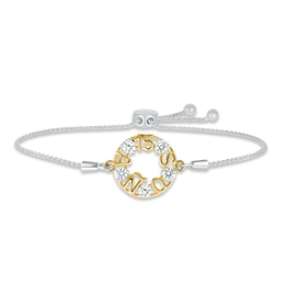 White Lab-Created Sapphire &quot;15 Años&quot; Birthstone Bolo Bracelet Sterling Silver & 10K Yellow Gold 9.5&quot;