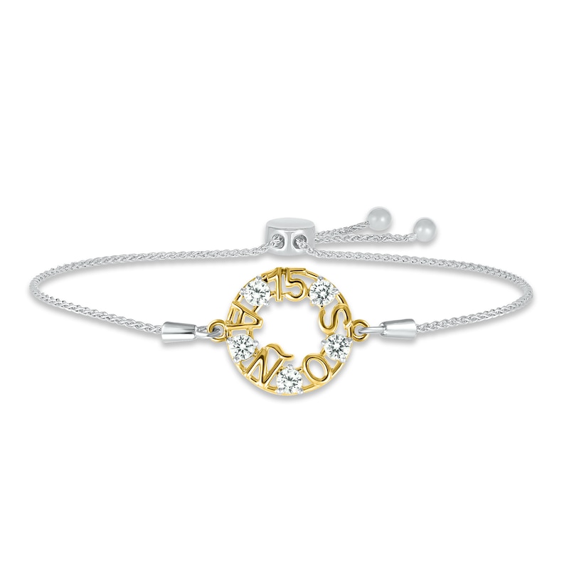 Main Image 1 of White Lab-Created Sapphire &quot;15 Años&quot; Birthstone Bolo Bracelet Sterling Silver & 10K Yellow Gold 9.5&quot;