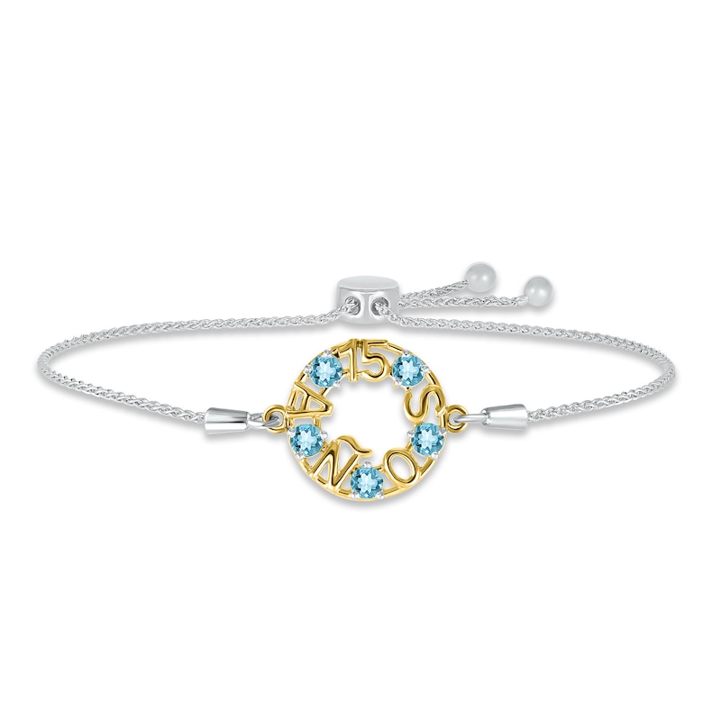 Main Image 1 of Swiss Blue Topaz &quot;15 Años&quot; Birthstone Bolo Bracelet Sterling Silver & 10K Yellow Gold 9.5&quot;