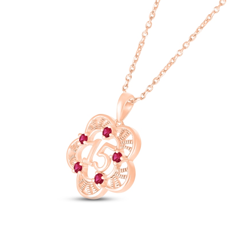Lab-Created Ruby Quinceañera Flower Necklace 10K Rose Gold 18"