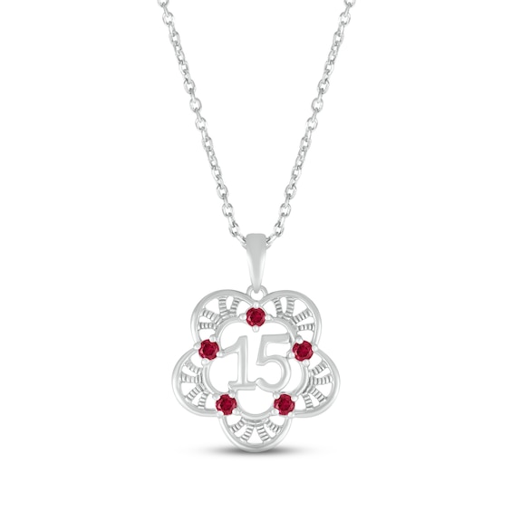 Lab-Created Ruby Quinceañera Flower Necklace 10K White Gold 18"