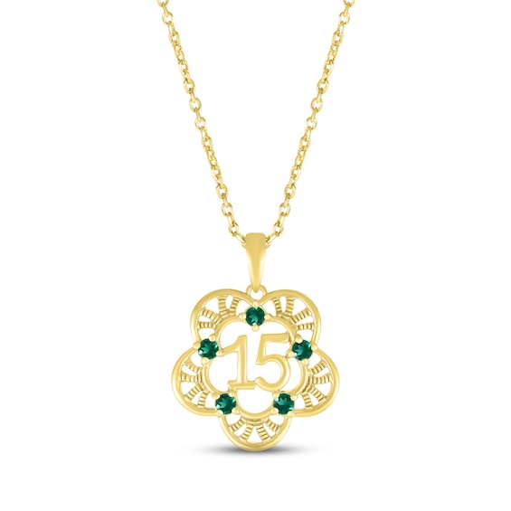 Lab-Created Emerald Quinceañera Flower Necklace 10K Yellow Gold 18"