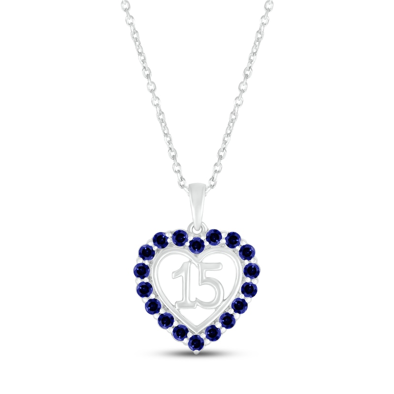 Blue Lab-Created Sapphire Quinceañera Heart Necklace Sterling Silver 18"