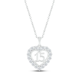 White Lab-Created Sapphire Quinceañera Heart Necklace Sterling Silver 18&quot;