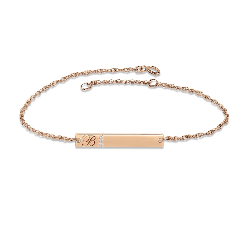 Diamond Initial Bar Bracelet 14K Rose Gold 7.25"