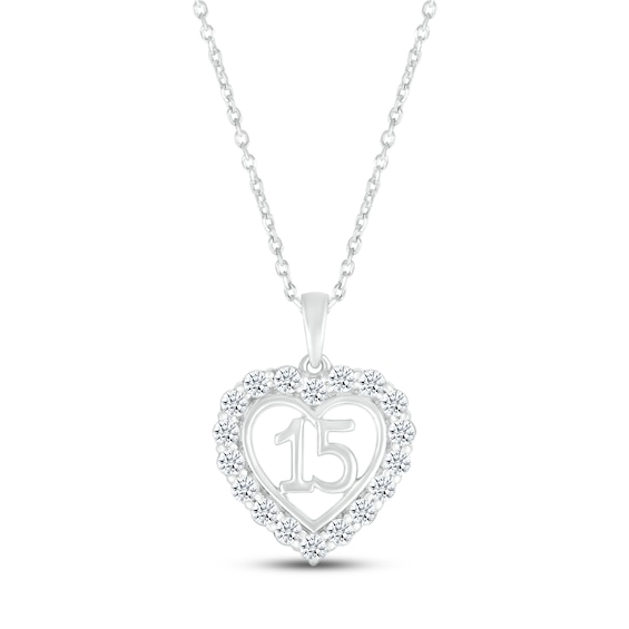 White Lab-Created Sapphire Quinceañera Heart Necklace 10K White Gold 18"