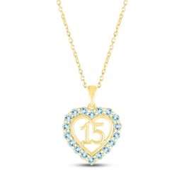 Aquamarine Quinceañera Heart Necklace 10K Yellow Gold 18&quot;