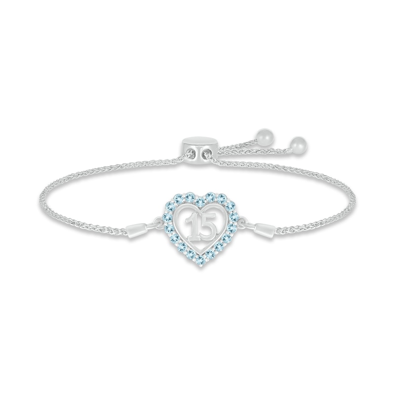 Main Image 1 of Aquamarine Quinceañera Heart Bolo Bracelet Sterling Silver 9.5&quot;