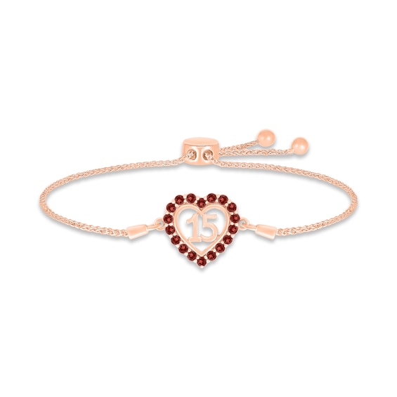 Garnet Quinceañera Heart Bolo Bracelet 10K Rose Gold 9.5"