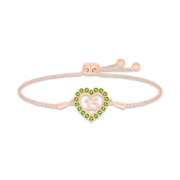 Peridot Quinceañera Heart Bolo Bracelet 10K Rose Gold 9.5&quot;