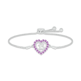 Amethyst Quinceañera Heart Bolo Bracelet 10K White Gold 9.5&quot;