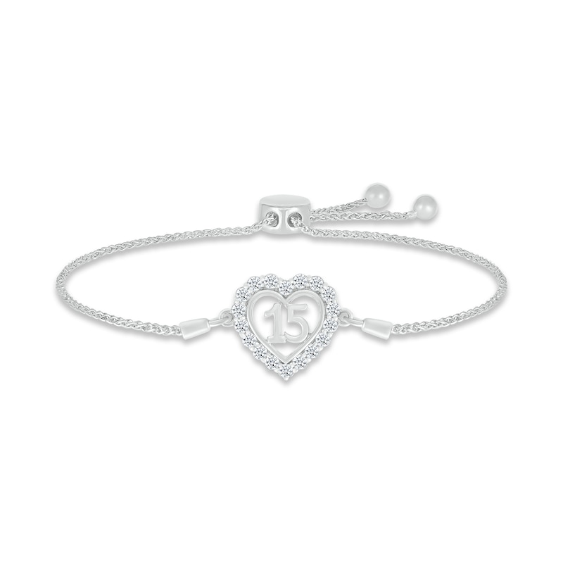 White Lab-Created Sapphire Quinceañera Heart Bolo Bracelet 10K White Gold 9.5"