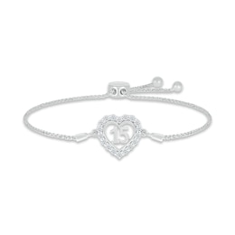 White Lab-Created Sapphire Quinceañera Heart Bolo Bracelet Sterling Silver 9.5&quot;
