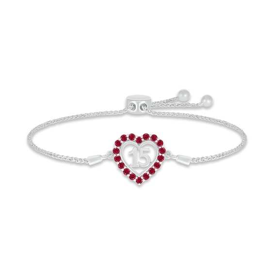 Lab-Created Ruby Quinceañera Heart Bolo Bracelet Sterling Silver 9.5"