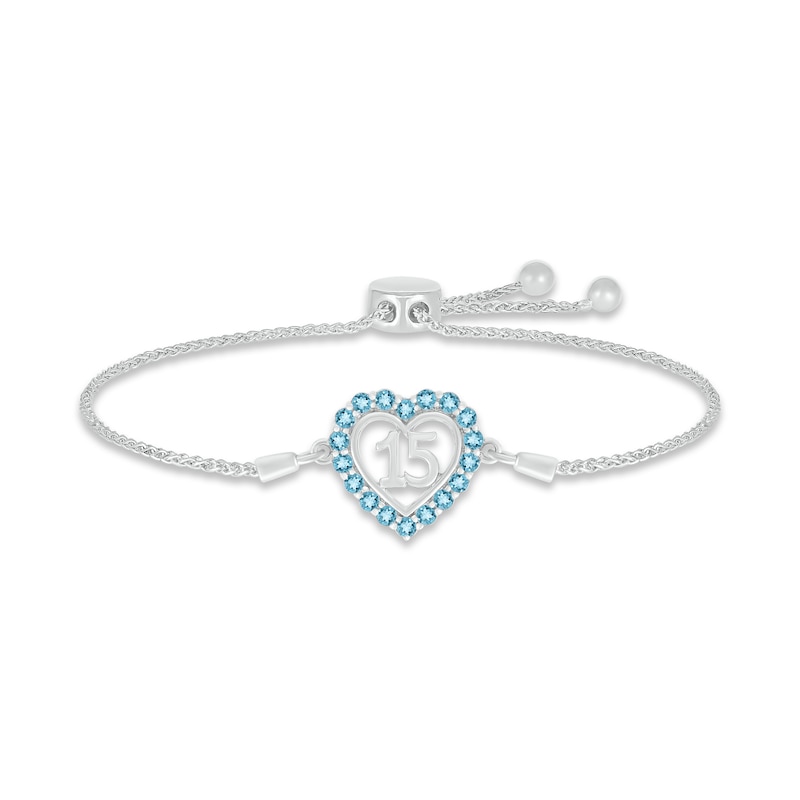 Main Image 1 of Swiss Blue Topaz Quinceañera Heart Bolo Bracelet Sterling Silver 9.5&quot;