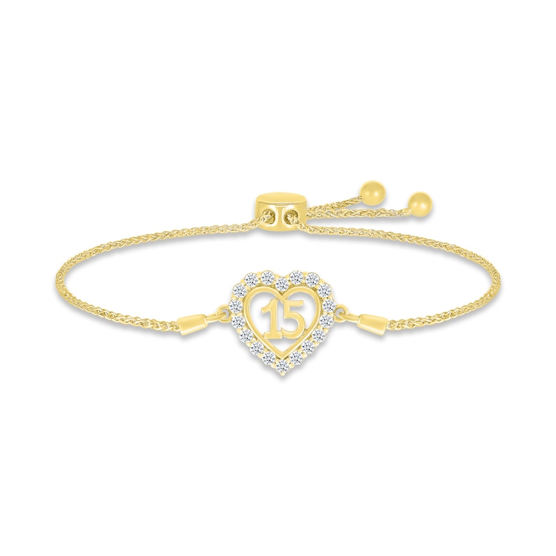 Main Image 1 of White Lab-Created Sapphire Quinceañera Heart Bolo Bracelet 10K Yellow Gold 9.5&quot;