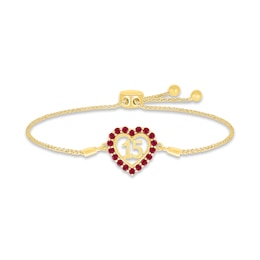 Lab-Created Ruby Quinceañera Heart Bolo Bracelet 10K Yellow Gold 9.5&quot;