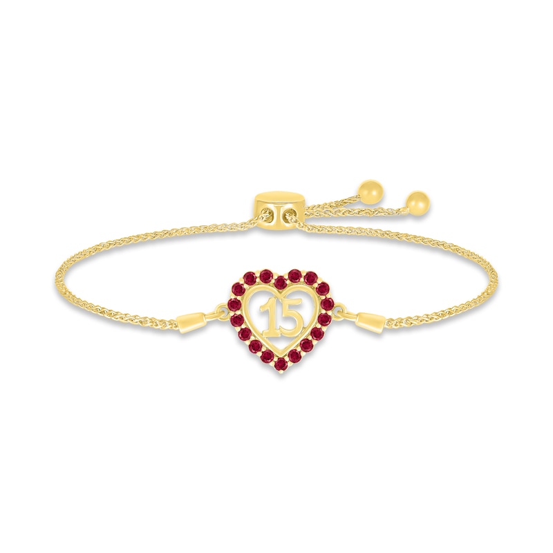 Main Image 1 of Lab-Created Ruby Quinceañera Heart Bolo Bracelet 10K Yellow Gold 9.5&quot;