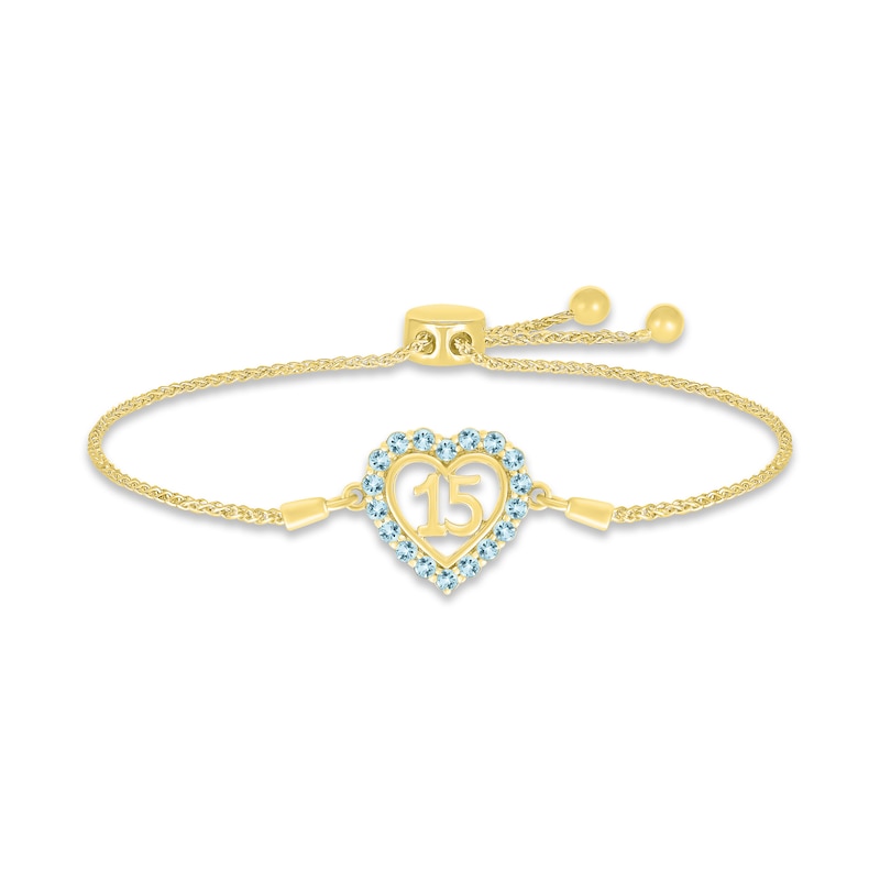 Aquamarine Quinceañera Heart Bolo Bracelet 10K Yellow Gold 9.5"