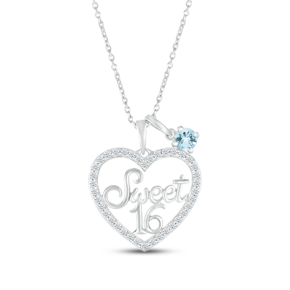 Aquamarine & White Lab-Created Sapphire "Sweet 16" Necklace Sterling Silver 18"