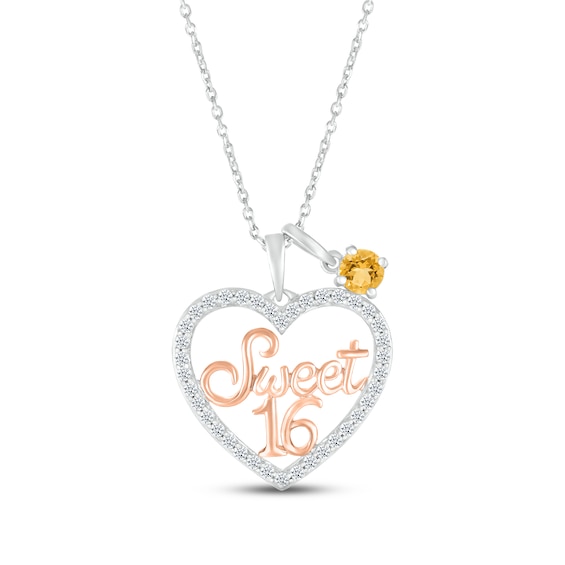 Citrine & White Lab-Created Sapphire "Sweet 16" Necklace Sterling Silver & 10K Rose Gold 18"