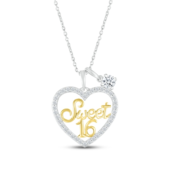 White Lab-Created Sapphire "Sweet 16" Necklace Sterling Silver & 10K Yellow Gold 18"